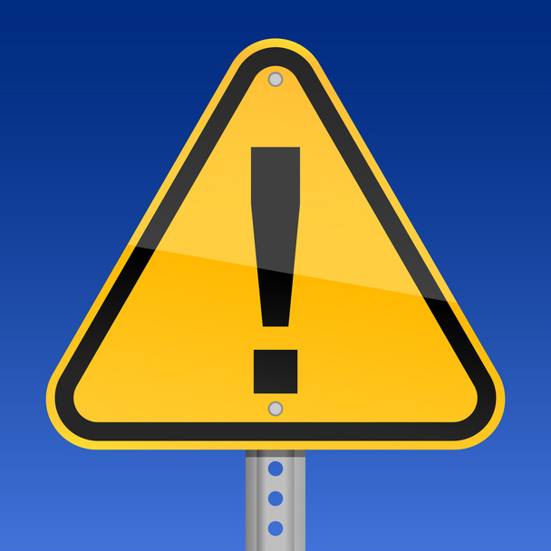 gele waarschuwing verkeersbord met uitroepteken symbool op hemelachtergrond - Vector, afbeelding