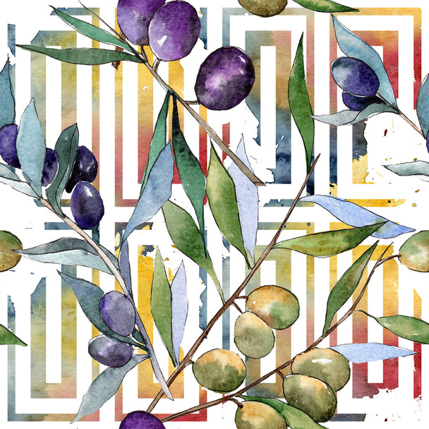 Green and black olives. Watercolor background illustration set. Seamless background pattern. - Fotografie, Obrázek