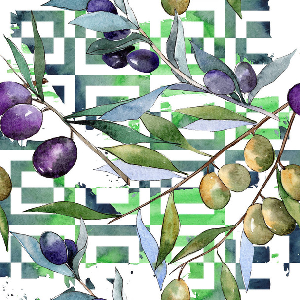 Зелені та чорні оливки. Набір ілюстрацій для акварельного фону. Безшовний візерунок тла
. - Фото, зображення