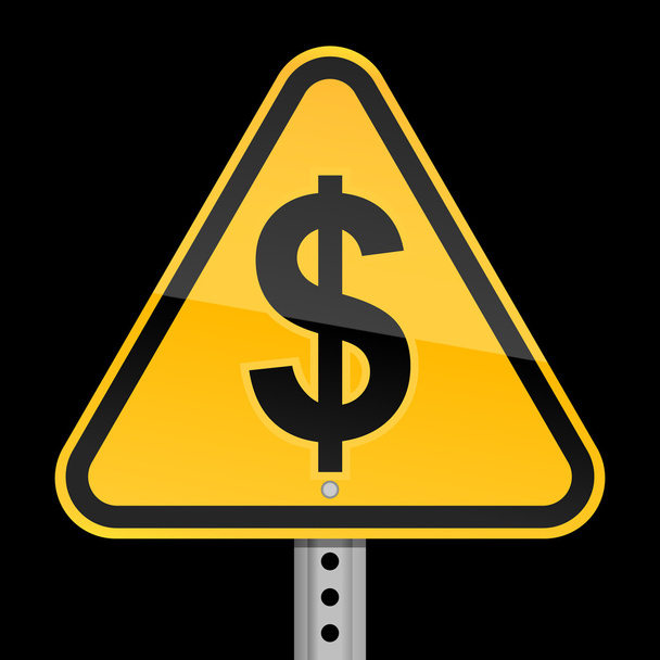 gele gevaar waarschuwing verkeersbord met dollar-symbool op een zwarte achtergrond - Vector, afbeelding