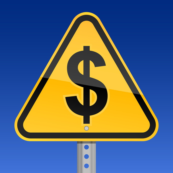 κίτρινο οδικό σημάδι προειδοποίησης κινδύνου με το σύμβολο του δολαρίου σε φόντο του ουρανού - Διάνυσμα, εικόνα