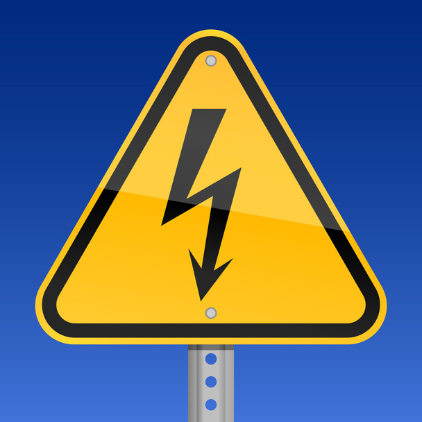 Yellow road warning sign with high voltage symbol on sky background - Vector, Image