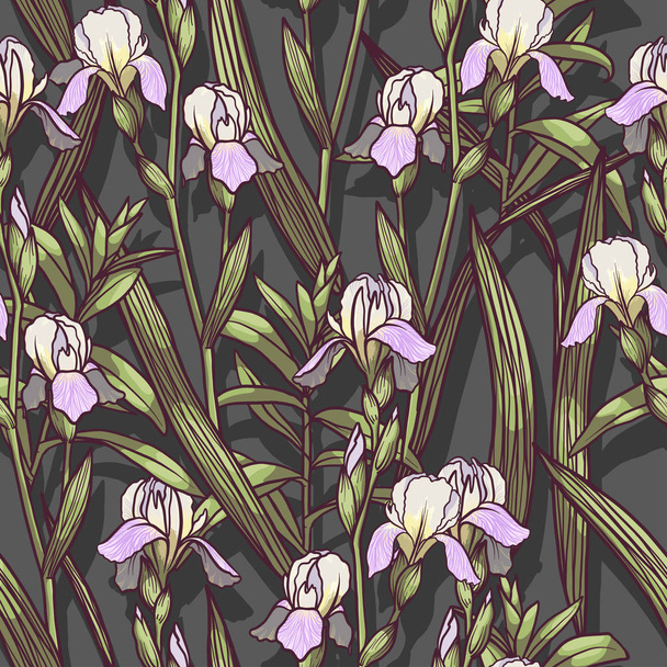 Hand Drawn Irises flowers vector seamless pattern flowered background of botany texture. Trendy Graphic Design for banner, poster, card, cover, invitation, placard, brochure or header - Vetor, Imagem