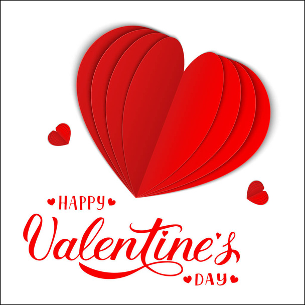 Valentines day greeting card with calligraphy hand lettering and  red paper heart. Realistic 3d folded heart. Symbol of love.  Vector illustration.  Easy to edit template for your design projects - Vector, imagen