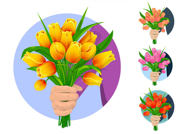 Boeket van tulpen in hand - Vector, afbeelding
