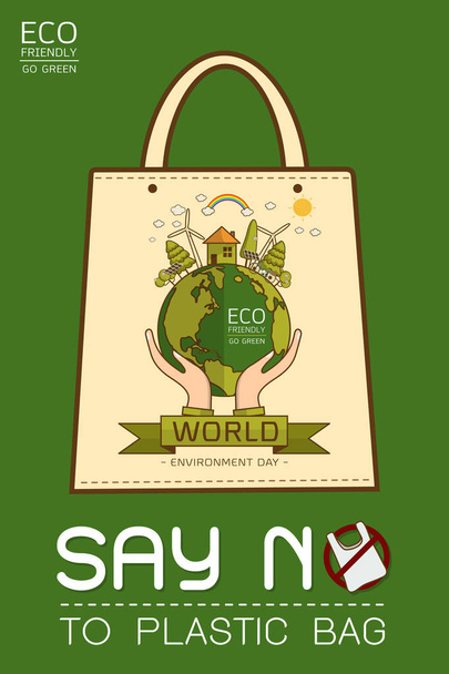 Πειτε Οχι στην πλαστική, χρησιμοποιήστε τις τσάντες υφασμάτων, παγκόσμια ημέρα περιβάλλοντος, χαριτωμένο καρτούν στυλ έννοια. Πράσινο οικολογία γη διανυσματικά εικονογράφηση. - Διάνυσμα, εικόνα