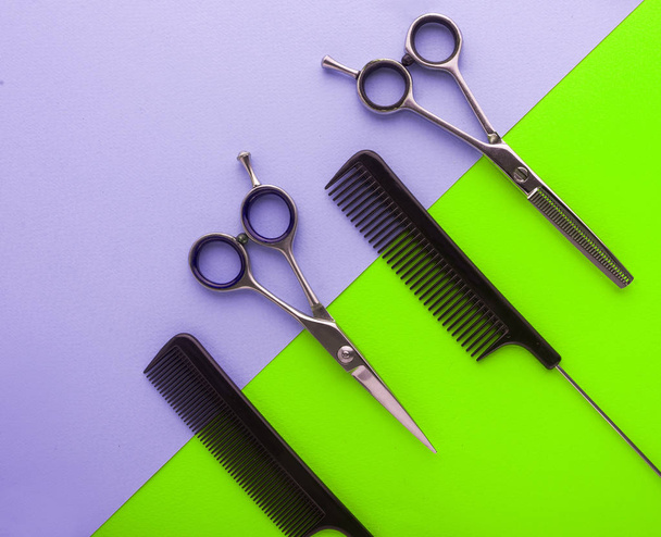 Professional hairdresser tools on colored background - Photo, Image