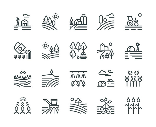 Icone della linea del paesaggio agricolo. Case rurali, piantagione di ortaggi e campi di grano, colture coltivate. Pittogrammi dell'agricoltura
 - Vettoriali, immagini