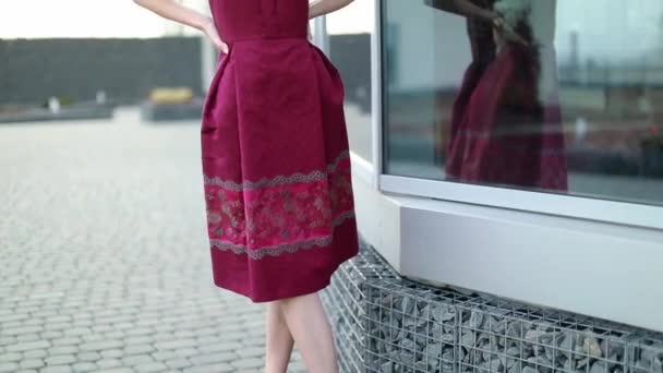 Attractive businesswoman with coffee looking at smiling partner and walking at office building. Executive managers going to work on urban street, front view. City walk concept.High Resolution. Business style. Spring style. - Metraje, vídeo