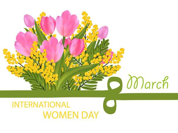 Tulipán a Mimosa kytice, slaňovací Osma pásu. Desing pro 8 březen mezinárodní den žen s květinami. Vektorové ilustrace. - Vektor, obrázek