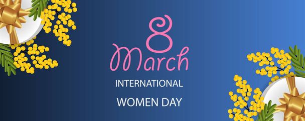 Desing for March 8 International Women's Day with Mimosa, gift boxes with gold bow. Banner or background with flowers. Vector Illustration. - Vector, Image
