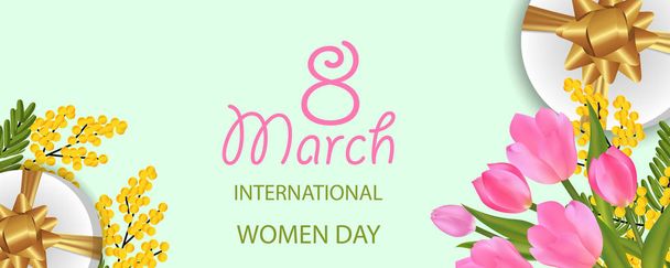 Desing για 8 Μαρτίου Παγκόσμια ημέρα της γυναίκας με τουλιπών μπουκέτο και μιμόζα, δώρο κουτιά με χρυσό φιόγκο. Ελαφριά Banner ή φόντο με ανοιξιάτικα λουλούδια. Εικονογράφηση διάνυσμα. - Διάνυσμα, εικόνα