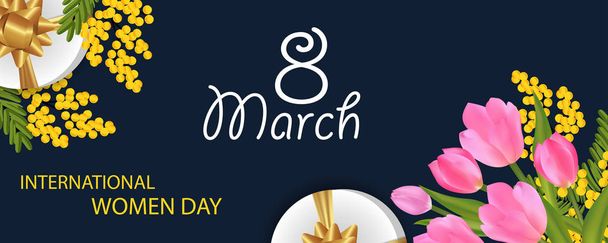 Desing for March 8 International Women's Day with Tulip bouquet and Mimosa, gift boxes with gold bow. Banner or background with spring flowers. Vector Illustration. - Vector, afbeelding