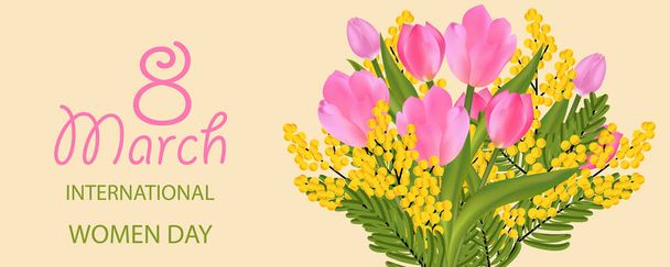 Bouquet of mimosa and pink tulips. Desing for March 8 International Women's Day with flowers. Vector Illustration. - Vektor, obrázek