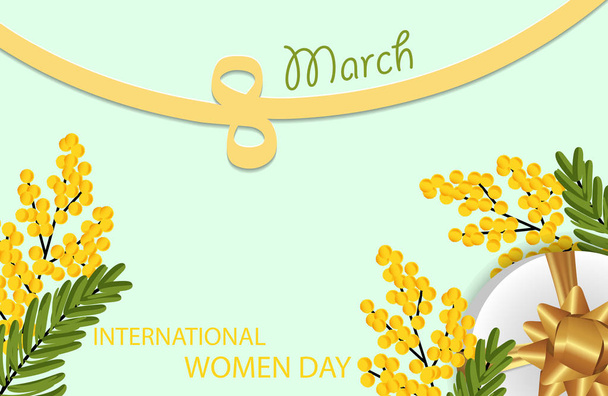 Desing for March 8 International Women's Day with Mimosa and gift box with gold bow, figure eight of the ribbon. Light background with flowers. Vector Illustration. - Vektör, Görsel