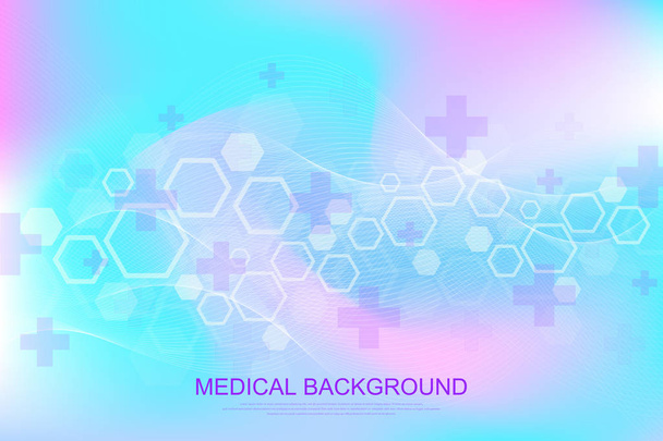 Abstract medical background DNA research, molecule, genetics, genome, DNA chain. Genetic analysis art concept with hexagons, lines, dots. Biotechnology network concept molecule, vector illustration - Vector, Image