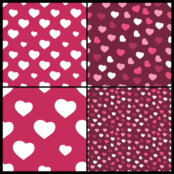 Set of Four Abstract Seamless White, Purple and Pink Heart Patterns - Valentine's Day Card or Background Vector Design  - Вектор, зображення