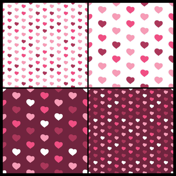 Set of Four Abstract Seamless White, Purple and Pink Heart Patterns - Valentine's Day Card or Background Vector Design  - Vector, afbeelding