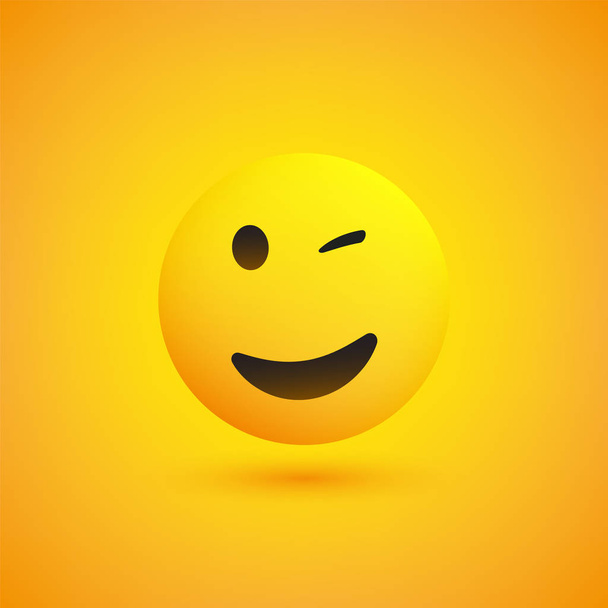 Smiling and Winking Emoji - Simple Shiny Happy Emoticon on Yellow Background - Vector Design  - Wektor, obraz