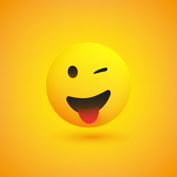 Smiling and Winking Emoji with Stuck Out Tongue - Simple Shiny Happy Emoticon on Yellow Background - Vector Design  - Wektor, obraz