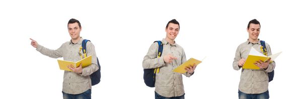 Estudante caucasiano sorridente com mochila e livro isolado no whi
 - Foto, Imagem