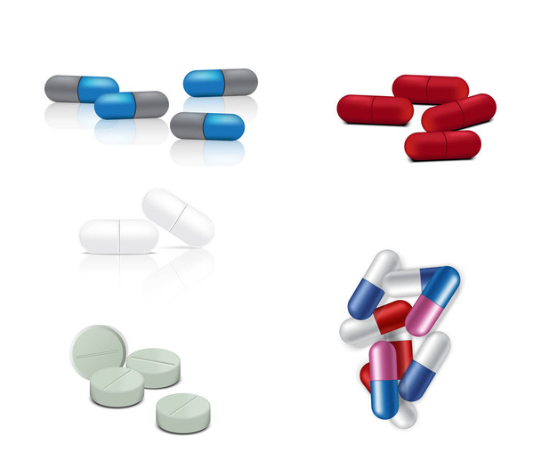 Attrappe realistische weiße, rote, blaue und graue Kapseln Pillen Medizin auf weißem Hintergrund Vektor Illustration. Tabletten medizinisches und Gesundheitskonzept. - Vektor, Bild