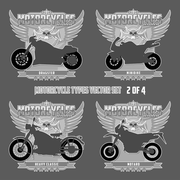 Types of motorcycles in the form of silhouettes. Motorcycles are located on separate layers and can be used without framing. - Vector, Image