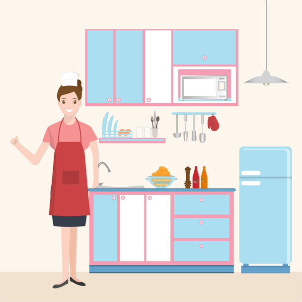 Женщина, кухня и посуда. Концепция кухонного интерьера
 - Вектор,изображение