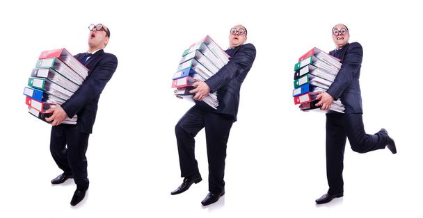 Funny man with lots of folders on white - Photo, Image