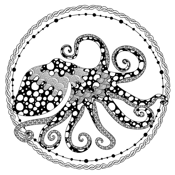 silhouette of black and white zenart octopus inside seaweed wreath - Vector, Image