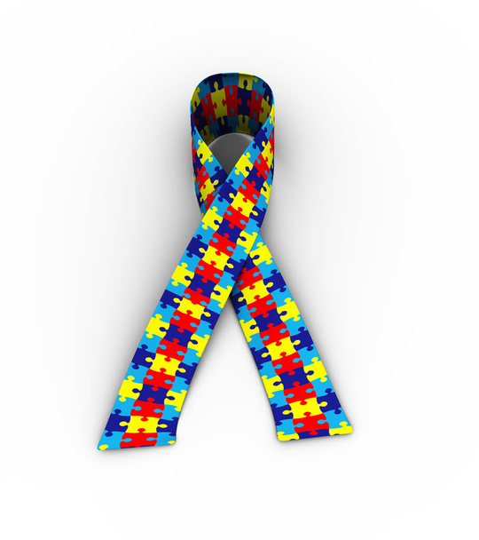 3d rendering of puzzle pattern ribbon presentation of autism awareness on white background - Φωτογραφία, εικόνα