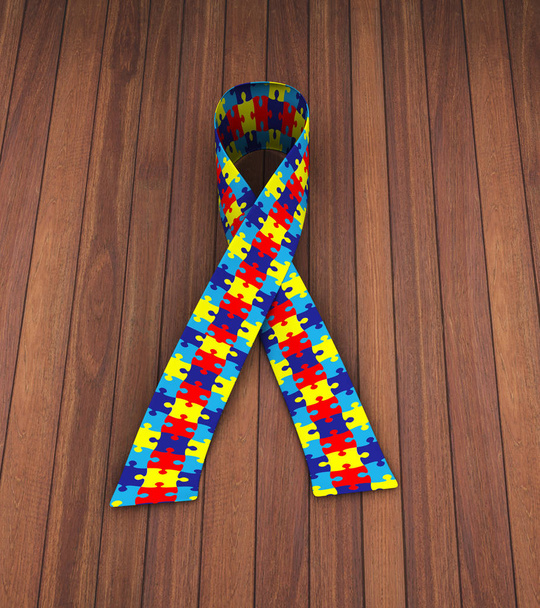 3d rendering of puzzle pattern ribbon symbolizing autism awareness - Fotoğraf, Görsel