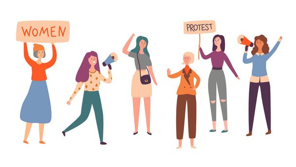 Kadınlar feminizm karakter Grup protesto grev. Feminist hakları afişini demokrasi gösteri üstünde tutan kız. Kadın siyasi örgüt kavramı düz çizgi film vektör çizim - Vektör, Görsel