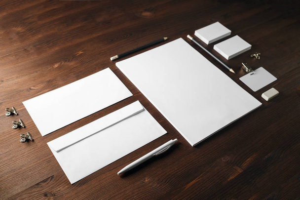 Blank stationery template on wooden background. Mock-up for branding identity. For design presentations and portfolios. - Photo, Image