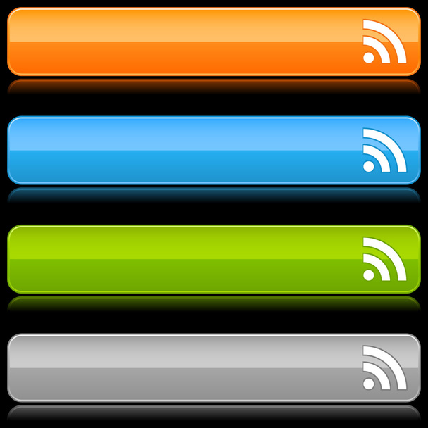 Блестящие цветные закругленные кнопки с символом RSS и отражением на черном
 - Вектор,изображение