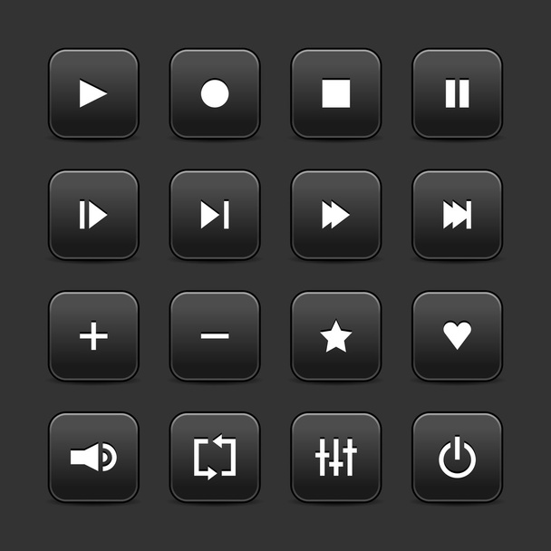 16 Medien steuern Web 2.0 Buttons. schwarzes rundes Quadrat mit Schatten auf grauem Hintergrund - Vektor, Bild