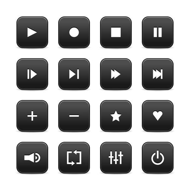 16 media audio video control web 2.0 buttons. Black rounded square shapes with shadow on white background - Vektör, Görsel