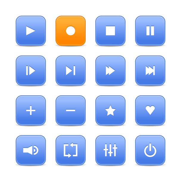 Azul e laranja 16 botões de controle de mídia web 2.0. Formas quadradas arredondadas com sombra no branco
 - Vetor, Imagem