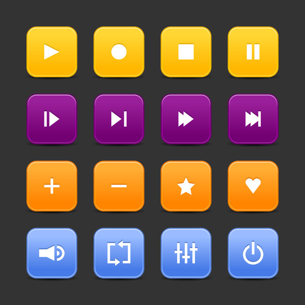 16 メディア コントロール、web 2.0 のボタン。色の丸い正方形と灰色の背景に影 - ベクター画像
