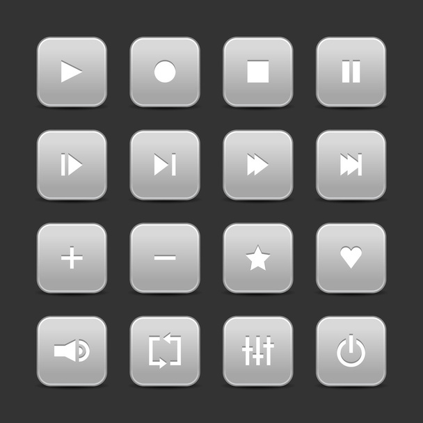 16 メディア コントロール、web 2.0 のボタン。灰色の背景に影付きの灰色のラウンド形状 - ベクター画像