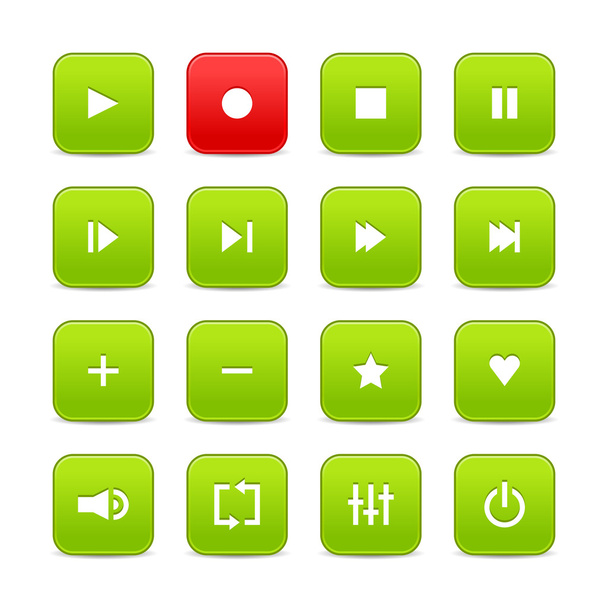 Green and red 16 media control web 2.0 buttons. Rounded square shapes with shadow on white - Vector, Image
