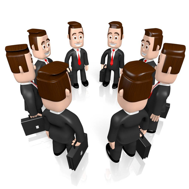 Персонажи 3D мультфильмов (бизнесмены), стоящие в кругу - концепция совместной работы
. - Фото, изображение