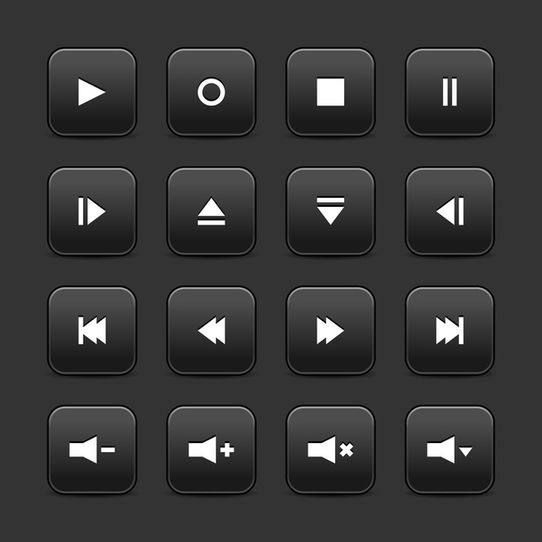 16 メディア web 2.0 のボタン。灰色の背景に影と黒の丸い形状 - ベクター画像
