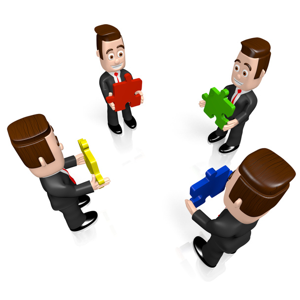 3D stripfiguren (ondernemers), stukjes van de puzzel - teamwork concept. - Foto, afbeelding