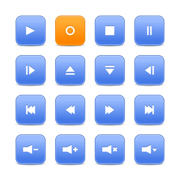 Kék és narancs 16 média vezérlõ gombok web 2.0. Árnyék a fehér lekerekített négyzet alakú formák - Vektor, kép
