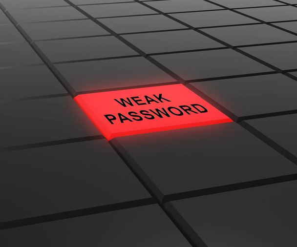 Αδύναμη Password κουμπί εμφανίζει ευπάθεια σε απευθείας σύνδεση και απειλής Διαδικτύου. Κίνδυνο παραβίασης ασφάλειας στον κυβερνοχώρο - 3d απεικόνιση - Φωτογραφία, εικόνα