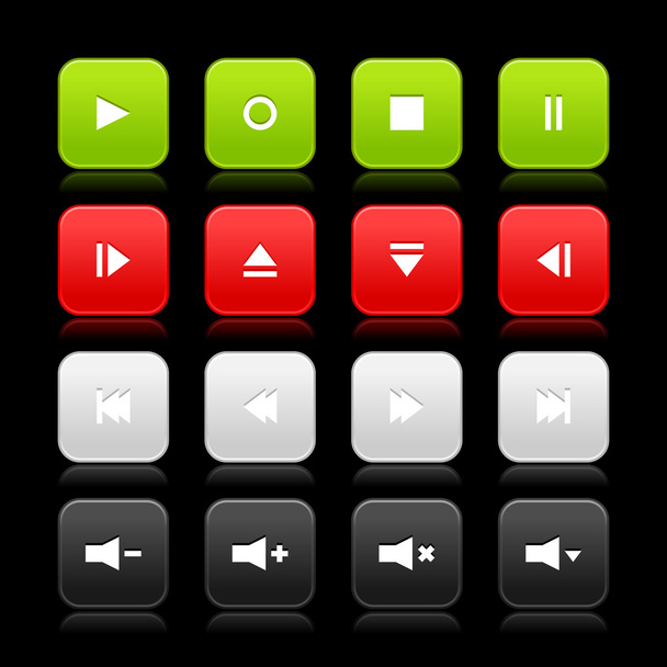 16 media control web 2.0 buttons. Colored rounded square shapes with shadow on gray background - Vektori, kuva