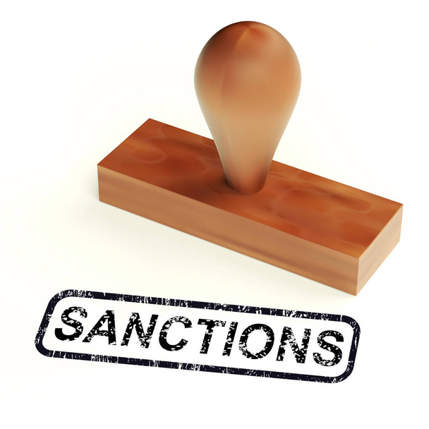 Sanktionsstempel bedeutet Zustimmung zum Embargoabkommen, um den Handel auszusetzen. Außenpolitische Verwaltungsmaßnahmen - 3D-Illustration - Foto, Bild