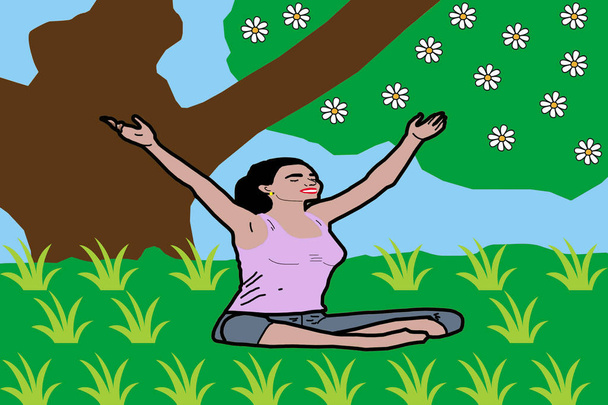 Young attractive female meditate in nature. Young woman practicing morning meditation in nature at the park. Health lifestyle concept. - Photo, Image