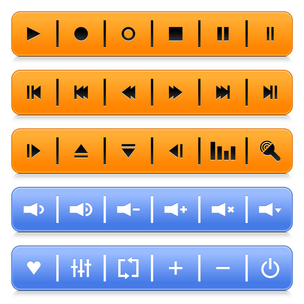 Media control web 2.0 buttons navigation panel. Orange and blue rounded rectangle with shadow and reflection on white - Vettoriali, immagini